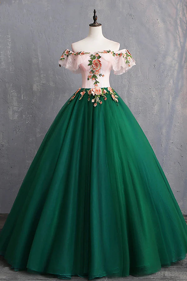 Wholesale Green Tulle Lace Long Prom Dress Cute Off Shoulder Evening Dress Party Dress